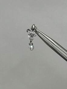 1pc Vintage Iris Flower Cartilage Ear Stud With Zirconia And Pearl Dangle Screw Back Piercing Earring For Women - Silver - View 7