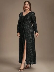 EVERPRETTY Autumn/Winter Plus Size Elegant Luxury Heavy Embellished Sequin Embroidery Straight Black Formal Evening Gown Suitable For Dinner Party Anniversary - Black - View 5
