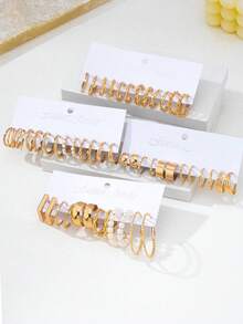 48pcs/Set Anting-Anting Mutiara Imitasi Berhias Logam Multi-Elemen Set Perhiasan Wanita yang Indah Hadiah Ulang Tahun - Emas - View 3