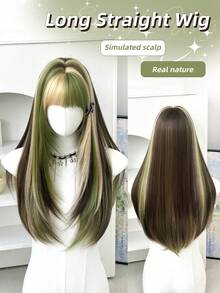 7JHH WIGS 26 Inch Green & Golden Highlight Wig With Bangs Long Layered Straight Hair Wigs For WomenNatural Looking Synthetic Heat Resistant Fiber Wig For Daily Wear, Hallowmas Party Cosplay Use - Multicolor - View 3