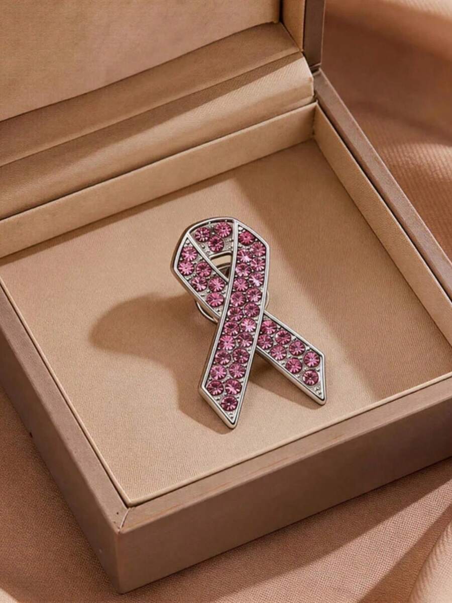 Pink Ribbon Brooch, Enamel Lapel Pin, Pink Hope Ribbon Metal Badge - Pink - View 1