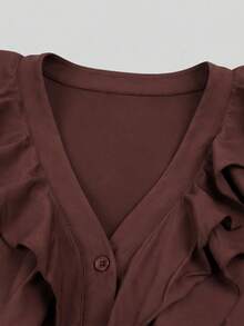 Women's Brown V-Neck Ruffle Blouse, Flared Sleeve Elegant Button-Down Shirt, Suitable For Commute, Outings, Dates And Afternoon Tea, Autumn Outfit - Coffee Brown - View 8