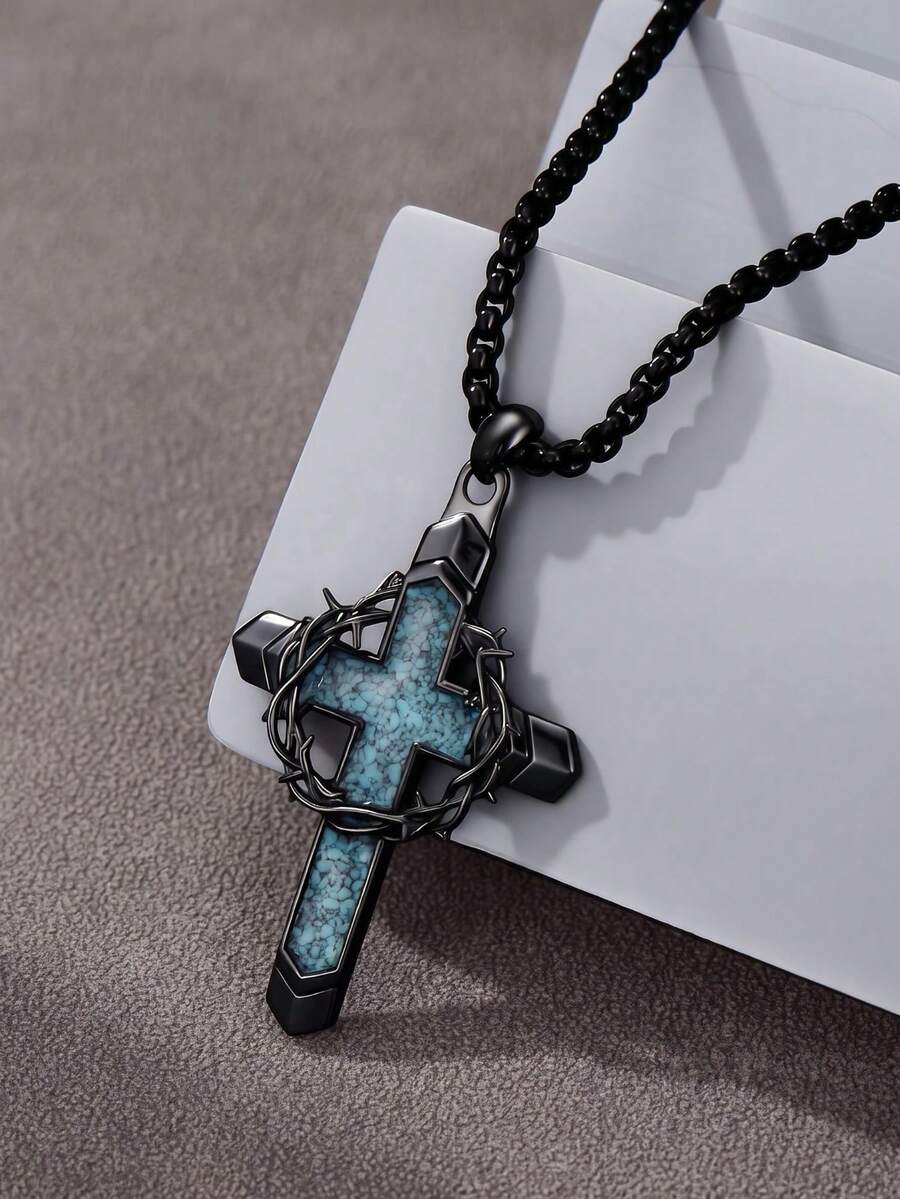 1pc Thorn Wrapped Cross Necklace With Faux Turquoise, Black Hollow Punk Style, Suitable For Men's Party, Daily Wear And Music Festival - Black - View 1