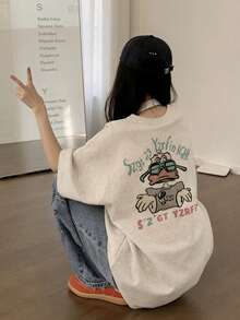 Kaos Wanita Longgar Leher Bulat dengan Gambar Kartun Bebek Lucu, Kasual untuk Musim Semi dan Musim Panas - Light Grey - View 3