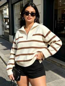 Plus Size Women's Autumn/Winter New Zipper Striped Knit Sweater, Fashion High-End Minimalist Pullover, Versatile Brown Fall - Brown - View 6