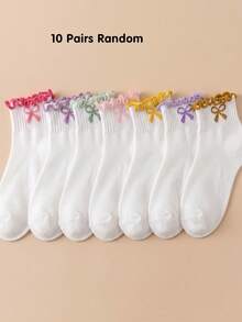 5/10/20 Pairs Random Ruffle Socks For Girls Bow Tween Girl Ankle Socks Toddler Fall Kids Socks Halloween Christmas Gift Back To School Daily Wear - Multicolor - View 12