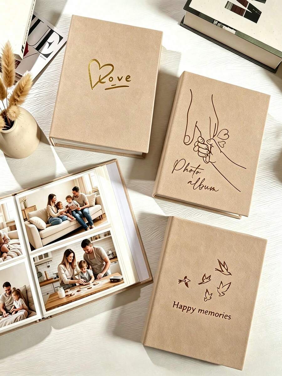 1pc Large 18x23cm / 4x6 Inch Photo Album With 3 Exquisite Embossed Gold Foil Patterns: Flying Birds, Hearts And Holding Hands - Multicolor - View 1