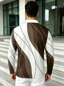 Men's Retro Contrast Color R Letter Print Wavy Pattern Long Sleeve Polo Shirt With Collar And Buttons - Multicolor - View 4