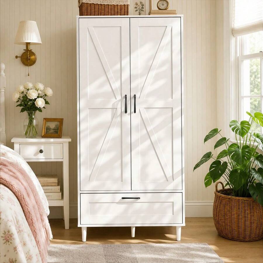 Wardrobe Closet, 63.5 Inch Modern Wooden Armoire Closet Para Ropa, Freestanding Clothing Storage Cabinet With 2 Doors 2 Large Drawers And Aluminum Alloy Hanging Rod, Black Metal Handles, Clothes Organizer For Bedroom Dorm Home, Black White - White - View 1