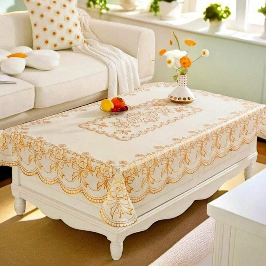 1pc Gold Foil Coffee Table Cloth, Waterproof, Oil-Proof, Heat-Resistant, No-Wash, Rectangular Dining Table, Home Living Room, European Style New - Gold - View 1