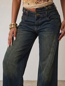 Eshe Glo Women's Dark Blue Vintage Washed Asymmetrical Waist Low-Rise Wide Leg Jeans, Street Wear Y2k Autumn Loose Asymmetric Work Trousers Fall - Dark Wash - View 5