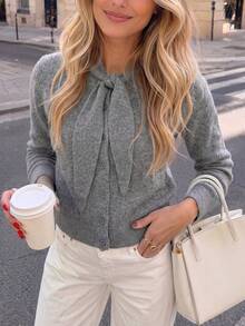 Women's Fashion Grey Knitted Cardigan Sweater With Bow Decor, Long Sleeve Button-Up Top, Suitable For Autumn And Spring - Grey - View 2