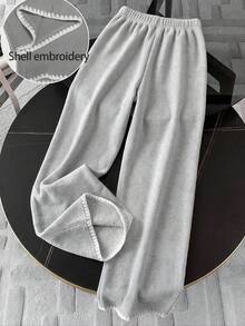 Lurzo Girls' Warm And Soft Solid Color Blended Wool Knitted Wide Leg Pants With Shell Embroidery At The Bottom,Autumn/Winter Outdoor/Back To School/Weekends - Grey - View 4