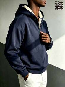mulinsen Men's Off-Shoulder Long Sleeve Half-Zip Hooded Sweatshirt, Thick Warm Pullover, Suitable For Autumn/Winter Daily Wear - Navy Blue - View 2