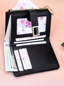 Classic Fashion Leopard Print Patchwork Short Wallet, Handheld PU Exquisite Snap Card Holder Document Organizer, Compact And Lightweight - Black - View 3