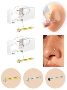 2Pcs Nose Piercing Kit, Disposable Sterile Self Nose Piercing Gun With Stud, Portable Stud Gun Kit (SILVER&GOLD&WHITE) - Multicolor - View 1