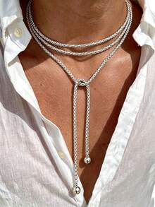 1pc Fashion Casual Minimalist Multi-Layer Wrapped Long Necklace, Suitable For Daily Wear, Holiday Gift, Men's Accessory - Silver - View 1