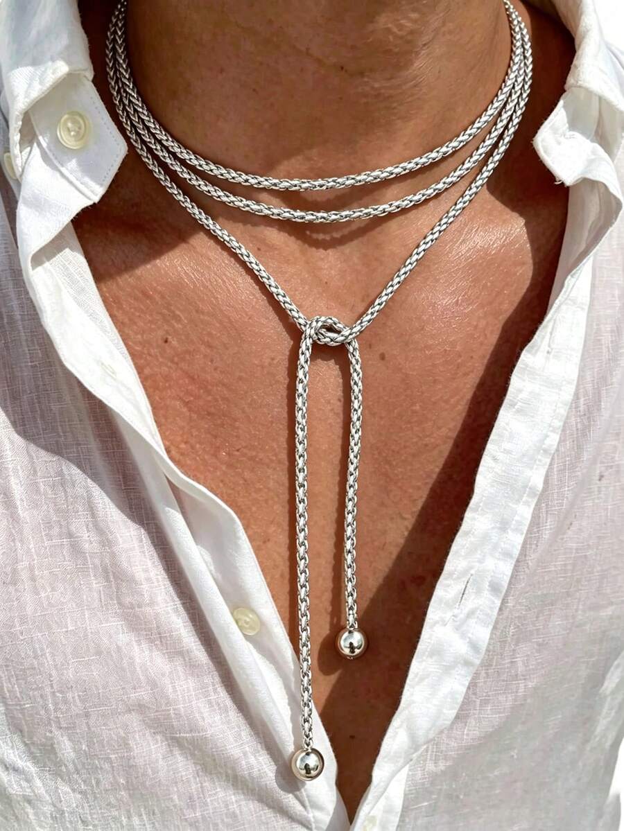 1pc Fashion Casual Minimalist Multi-Layer Wrapped Long Necklace, Suitable For Daily Wear, Holiday Gift, Men's Accessory - Silver - View 1