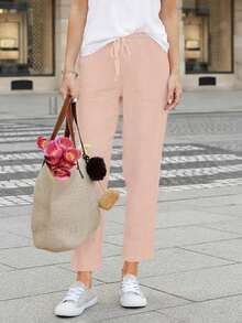 Jisfaneya Women's Solid Color Drawstring Casual Straight Leg Pants With Pockets Pink - Pink - View 4