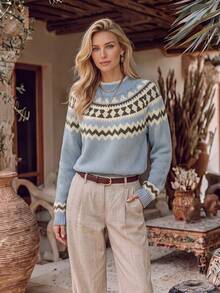 NiceArt Women's Autumn/Winter Vintage Faux Collar Tweed Geometric Pattern Loose Sweater, Blended Wool Material, Suitable For Autumn Outfits, Office, Halloween - Blue - View 9