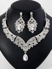 Set Perhiasan Pengantin 3 Buah Kalung & Anting Perak, Aksesori Pesta Pernikahan Elegan - Perak - View 11