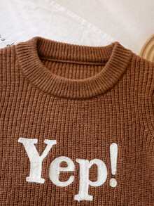 Boys' Minimalist Solid Color English Letter Embroidered Knit Pullover Sweater, Suitable For Casual Daily Wear In Spring, Autumn And Winter - Brown - View 6