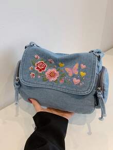 休閒時尚軟牛仔布多層斜挎包，多口袋設計，大容量百搭通勤女款單肩包，適合牛仔女孩 - 藍色 - 查看 4
