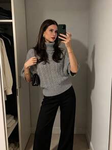 Women's Casual Autumn/Winter Solid Gray Turtleneck Sweater, Raglan Sleeve Knit Top, Waist-Cinching Textured Design, Daily Commute Office Wear Pullover - Grey - View 1