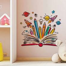 1pc 2D Book-Style Colored Pencil Space Wall Sticker, Rocket Astronaut Planet Pattern Self-Adhesive Decorative Decal - Multicolor - View 2