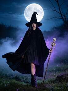 Halloween Black Velvet Witch Hat With Hood And Long Cape Set, Party Cosplay And Dark Wizard Costume Accessories - Black - View 3