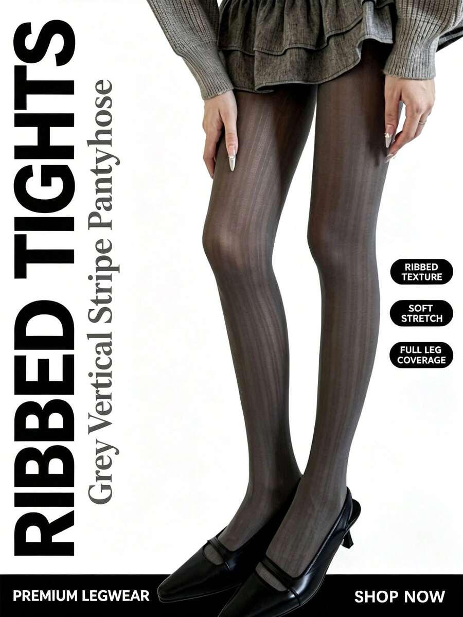 1 Pair Women's Grey Vertical Striped High Elasticity Slightly Sheer Soft Vintage Style Pantyhose, Suitable For Spring/Autumn Daily Commute And School Style Outfits - Multicolor - View 1
