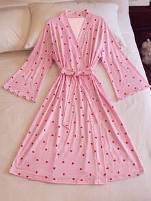 Elegant Pink Comfortable Loose Flared Sleeve Long Bathrobe For Teen Girls,Full Of Heart-Shaped Patterns And Waist Belt,Suitable For Daily Home Wear - Pink - View 4