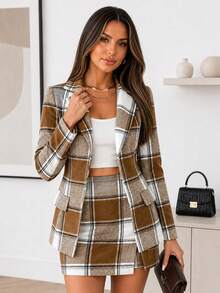 ChicMe Women's 2-Piece Plaid Suit Set, Lapel Jacket With Skort, Vintage Casual Business Commute Outfit - Coffee Brown - View 6