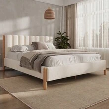 Queen Size Bed Frame With Boucle Upholstered Thick Headboard Solid Wooden Legs White - White + Boucle + Solid Wood + Upholstered + Foam1 - View 2