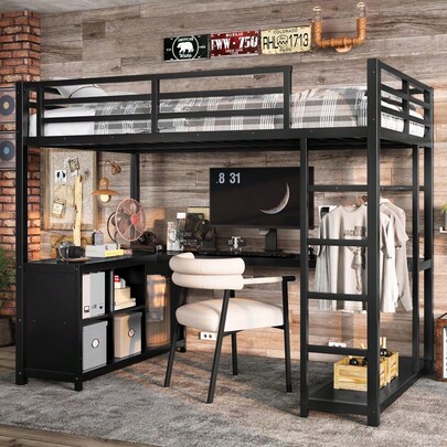 Metal Loft Bed With Wardrobe And L-Shaped Desk Twin Size Loft Bed With Storage Cubes And Shelves Loft Bed For Teens Adults Black