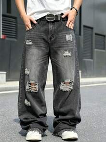 Men's Vintage Ripped Distressed Baggy Wide Leg Jeans Grey Wash Frayed Raw Hem Punk Gothic Streetwear Denim Pants - Dark Grey - View 3
