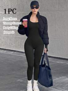 女款純色羅紋無縫連身衣，長袖，收腹提臀修身款，多功能健身滑雪底層運動服 - 黑色 - 查看 6