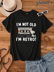 Cute Women's Short-Sleeved T-Shirt I'M NOT OLD I'M RETRO Casual Top Snoopy Print - Black - View 1