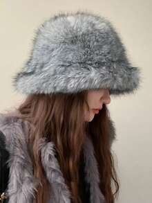 Autumn Minimalist Faux Fox Fur Bucket Hat, Thick Warm Plush Hat, Cold-Proof Versatile Ear-Flap Hat, Face-Slimming Bucket Hat - Multicolor - View 4