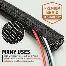 Cable Protector Sleeve For Wires, Cables And Data Lines, Split Tube For Power Cords, Audio/Video Cables - Desktop PC, TV, Computer Cable Organizer, Pet Chew Protection - Black - View 2