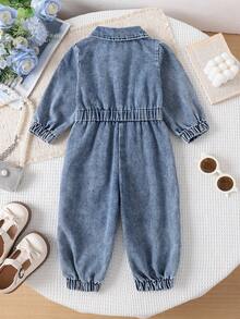 1pc Baby Girl Casual Heart Pocket Decor Elastic Cuff & Hem Romper, Autumn - Blue - View 2