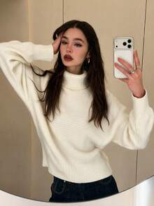MORI Fall Winter Women Sweaters Elegant Casual Y2K Off White Turtleneck Ribbed Knit Tops Drop Shoulder Loose Pullover Streetwear Outfits - White - View 5