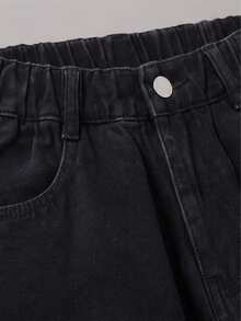 1pc Girls Black Wide Leg Denim Jeans, Elastic Waist Cute Paw Print Loose Straight Leg Pants, Sweet Style - Black - View 4