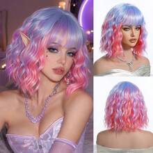 12 Inch Ombre Lilac To Pink Short Wavy Bob Wig For Women Straight Bangs Heat Resistant Synthetic Wig Colorful Cosplay Wig For Halloween Costume Party Carnival - Multicolor - View 12