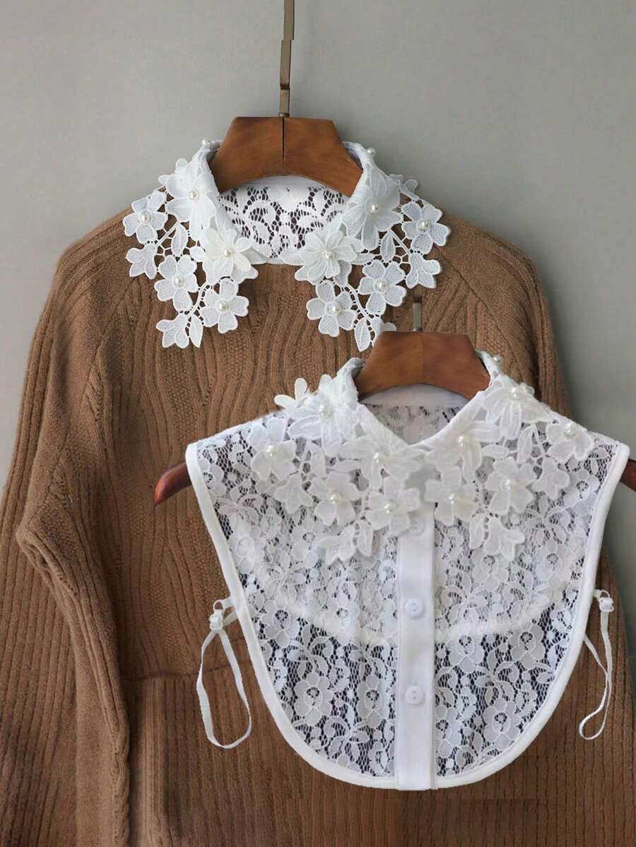 1件女款優雅白色蕾絲刺繡可拆卸領飾,花卉圖案,珠飾裝飾,半襯衫設計,百搭配件 - 彩色 - 查看 1
