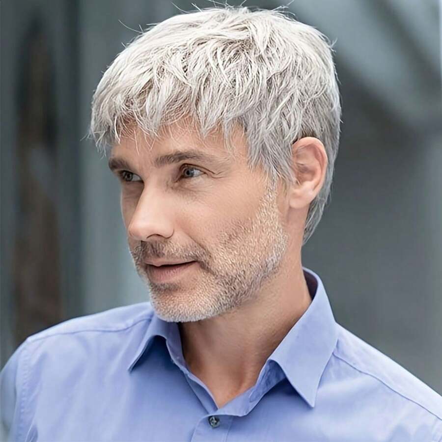 [Silvery Gray Heat-Resistant Wig] Men's Silvery Gray Layered Synthetic Heat-Resistant Wig - Perfect For Everyday Wear, Parties, And Halloween!