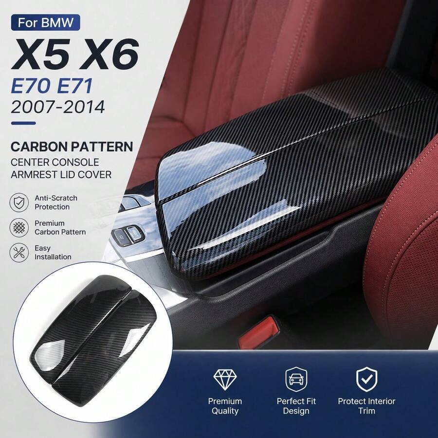 1 Set Carbon Pattern Center Console Armrest Lid Cover, Anti-Scratch Interior Trim Protection For BMW X5 X6 E70 E71 2007-2014, Car Interior Styling Accessories