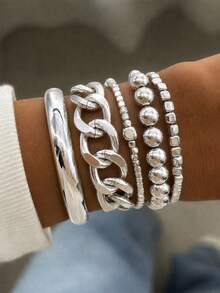 5pcs Fashion Exaggerated Minimalist Old Money Style Layered Vintage Design Thick Chain & Beaded Bracelet Set For Women, Suitable For Dating, Vacation, Daily Wear, Party, Holiday Gift - Silver - View 3