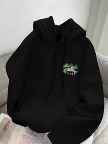 Cotton Sweatshirt, Oversized Leopard And Tropical Leaf Print Pullover, Never Goes Unnoticed, Black Streetwear, Casual Outdoor Wear, Loose Fit, Soft An - Black - View 3