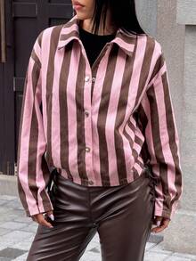 Women's Vertical Striped Loose Shacket, Lapel Long Sleeve Button-Up Casual Outerwear, Y2K Street Style Outing Jacket - Pinkish Brown - View 6